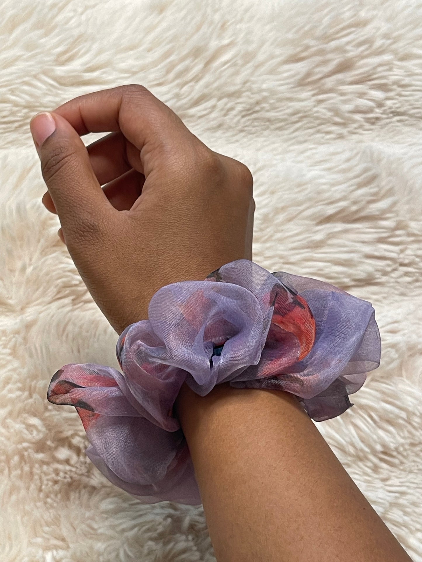 Printed Purple Organza Scrunchie